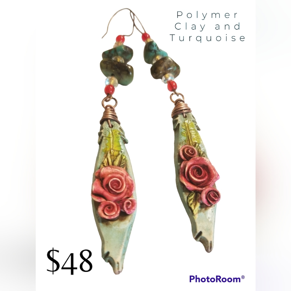 Artisan Handmade Polymer Clay Earrings w/Turquoise and vintage glass beads.